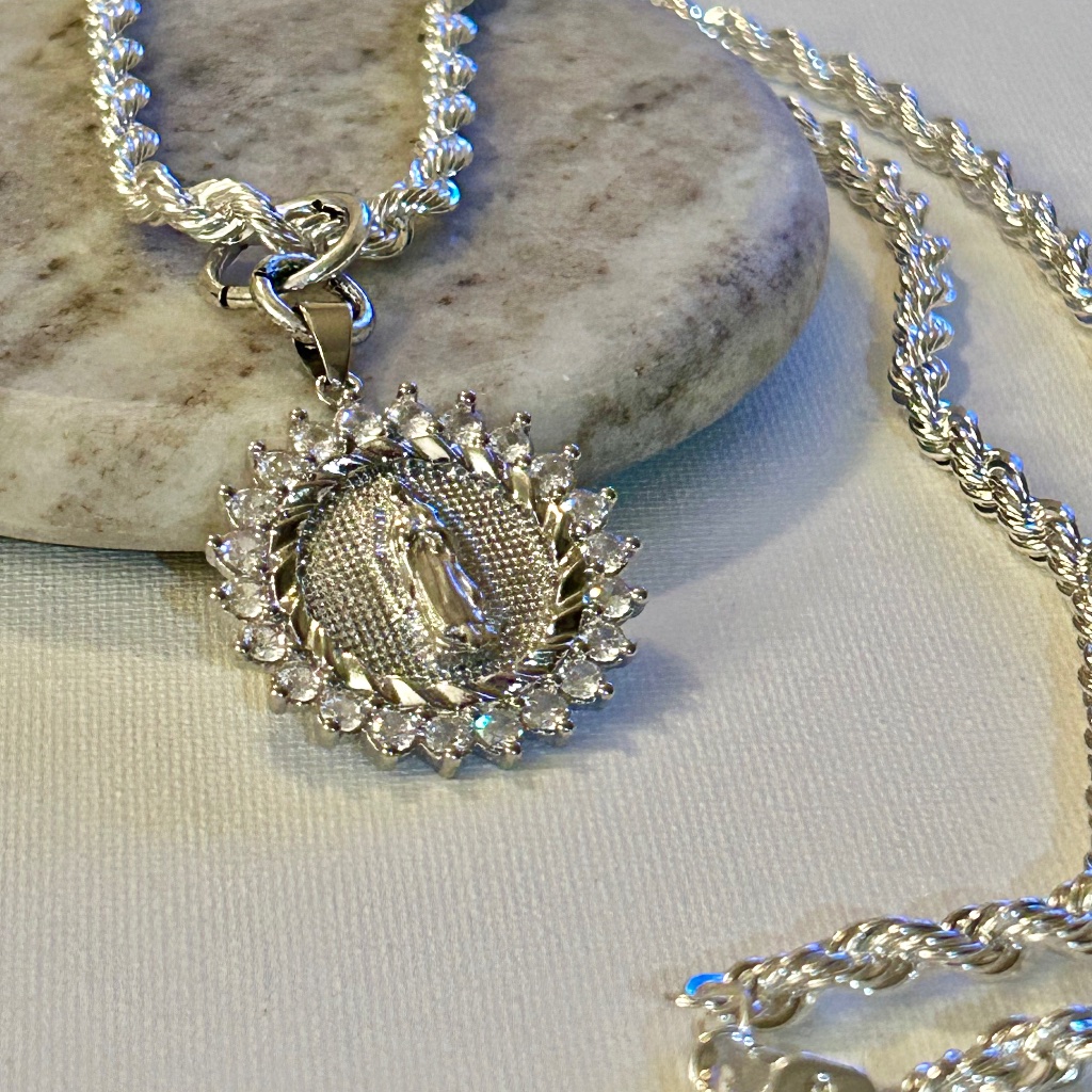 St Mary Cz Pendant, Religious Jewelry, Rope Chain.